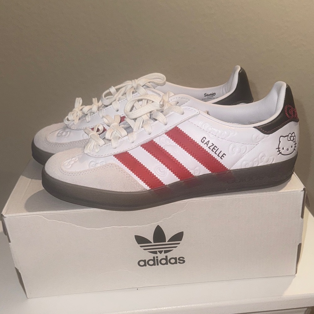 Hello Kitty Adidas Gazelle White and Red Sneakers